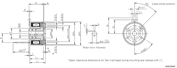 A product measurement diagram for 33B ball-bearing type CYT electromagnetic micro-clutches