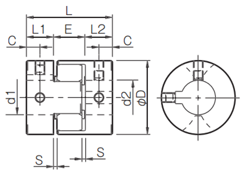A product dimension diagram for ALS-Y set-screw/keyway hub jaw and spider couplings