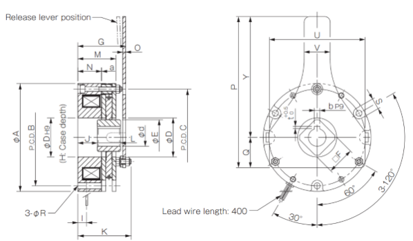 A product measurement diagram for BXR-LE press fit hub spring actuated brakes