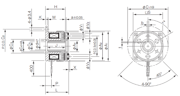 A product measurement diagram for the 102 model electromagnetic micro-clutch with a type-13 armature