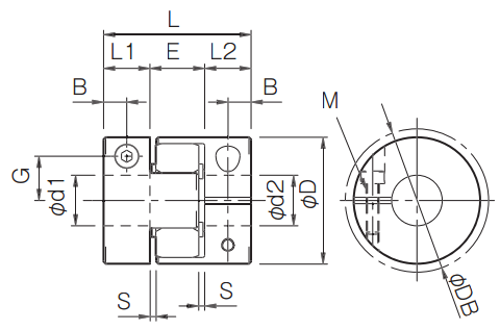 A product dimension diagram for ALS-B clamp hub jaw and spider couplings