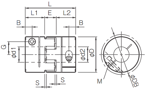A product dimension diagram for ALS-Y clamp hub jaw and spider couplings
