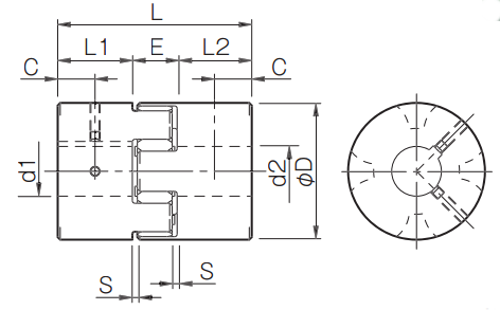 A product dimension diagram for ALS-B set-screw/keyway hub jaw and spider couplings